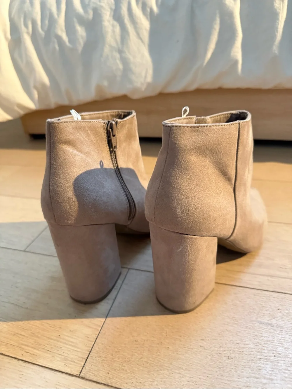 Divided Suede Pointed Ankle Booties in Taupe
